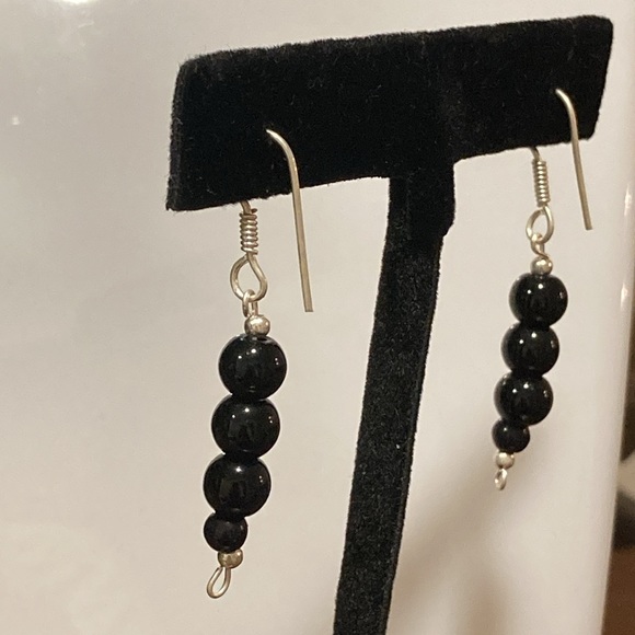NWOT - Black Onyx Triple Ball Beaded Long Drop Style Mexican Silver Earrings - Picture 7 of 9